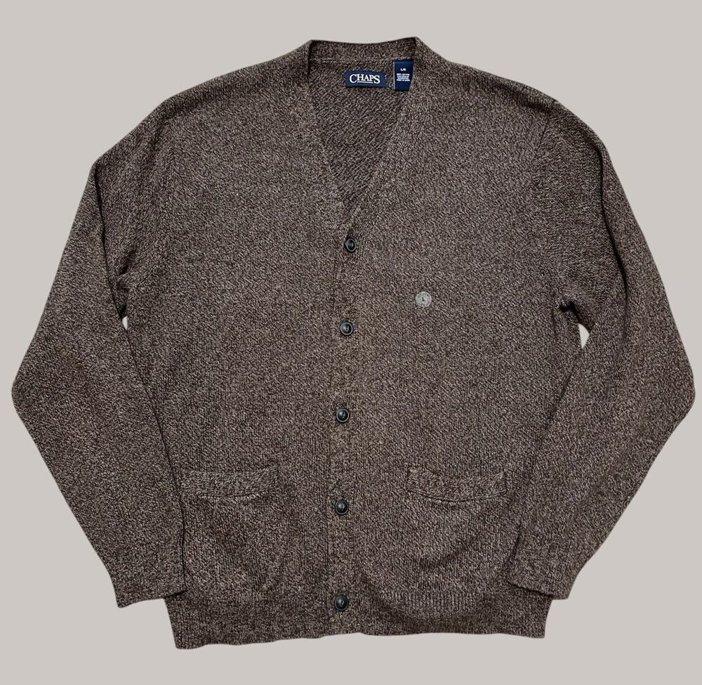 CHAPS Mens Large Knit Cardigan Sweater Button Up Cotton Brown Grandpa Academia